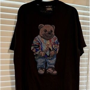 Teddy Bear Tee T Bear Hot Fix Rhinestones Graphic Black T-Shirt XL 100%‎ Cotton